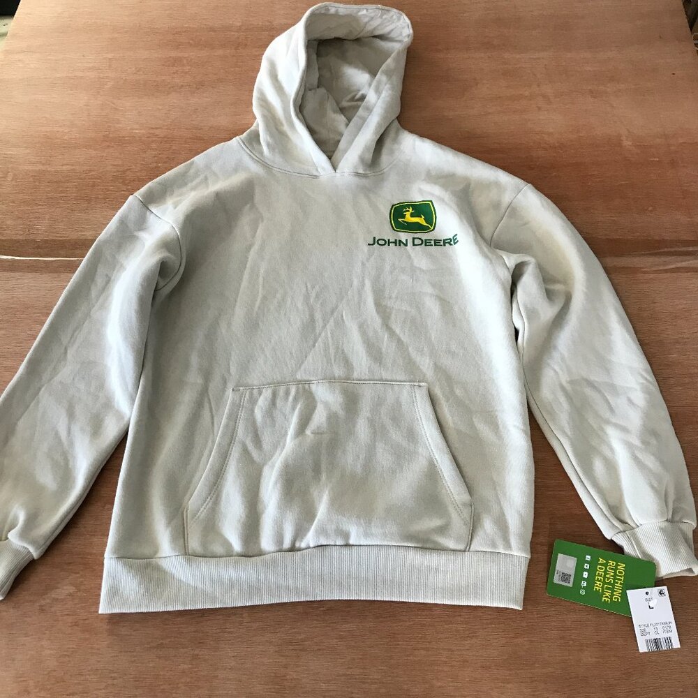 John Deere Pullover Sweater Men L Beige Hooded Pockets Long Sleeve Stretch 18761